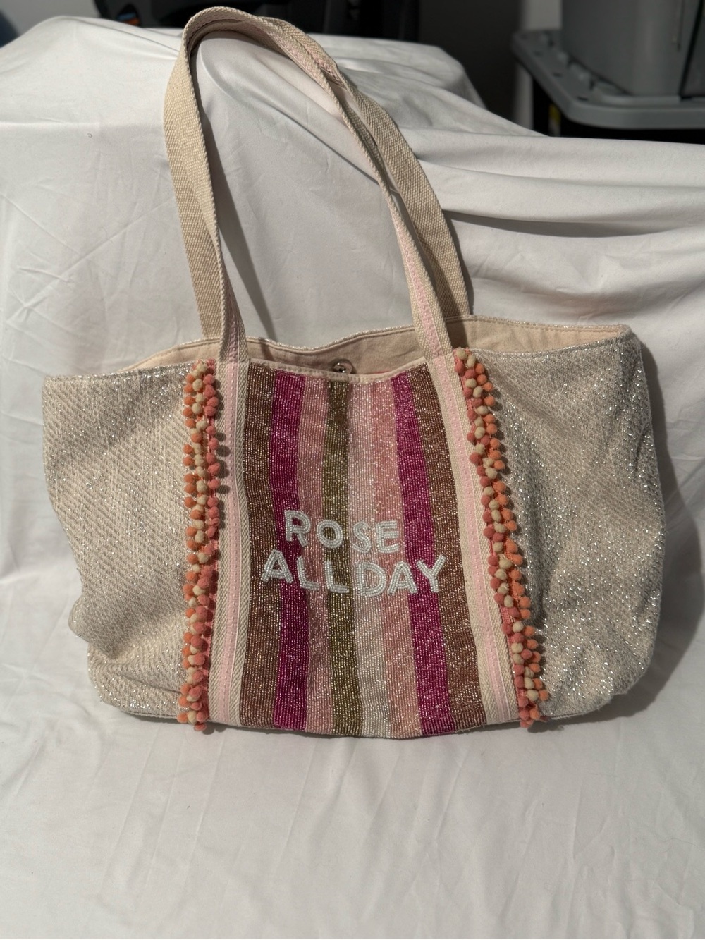 Rose All Day Pink Stripe Tote — Canvas Pom-Pom Trim